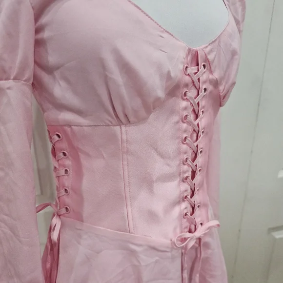 Dolls Kill Pink White Cross Sugar Thrillz Noble Hearted Corset lace up Dress S - Picture 5 of 8